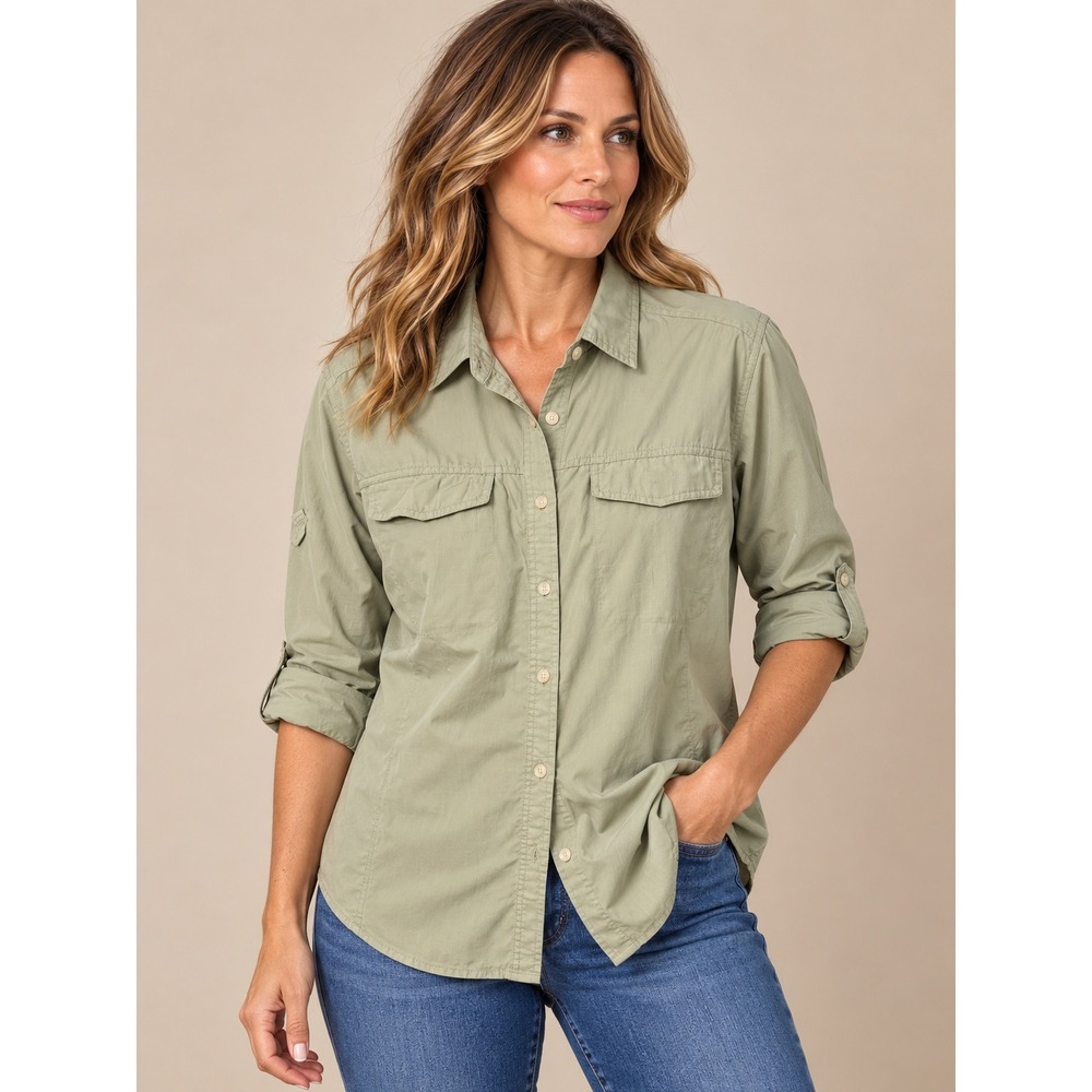 ExOfficio Womens Shirt L Green Insect Shield Long Sleeve Roll Tab Hiking Top